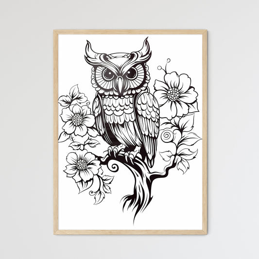 Black And White Drawing Of An Owl On A Branch With Flowers Art Print Default Title