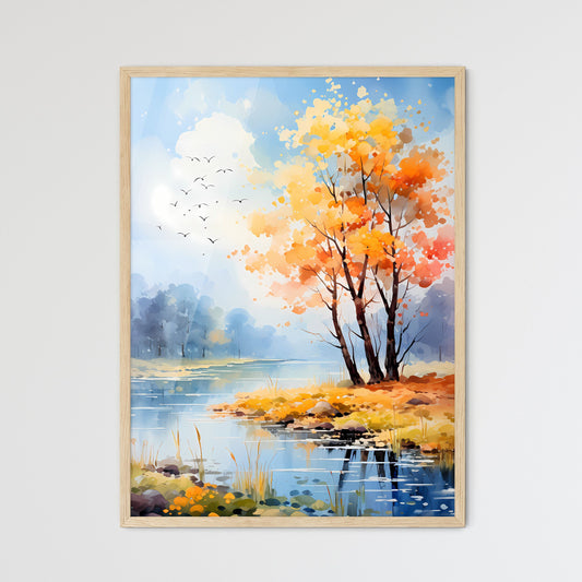 Watercolor Painting Of Trees And A River With Birds Flying In The Sky Art Print Default Title
