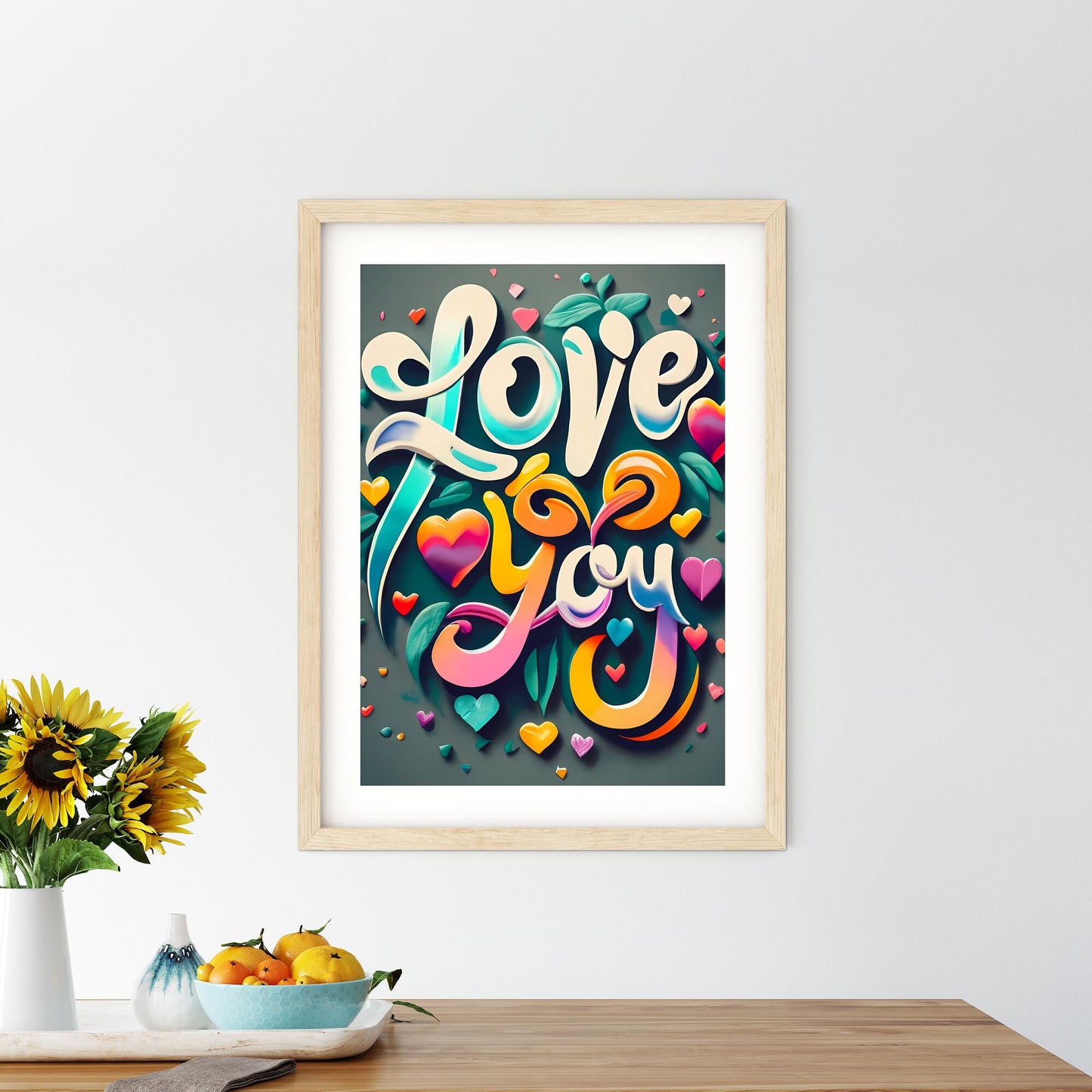 Love You - A Colorful Text With Hearts And Leaves Art Print Default Title