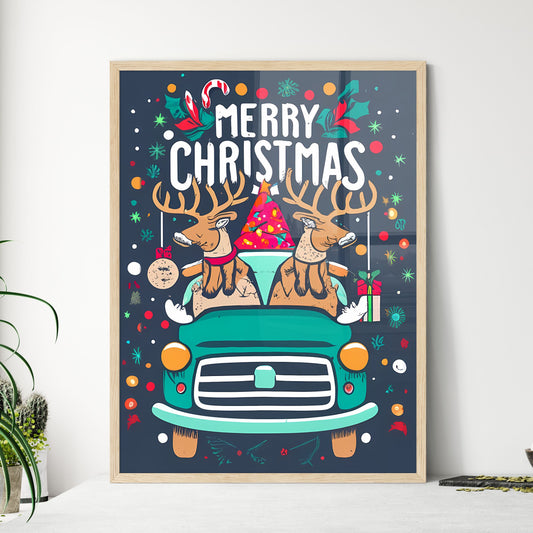 Merry Christmas - A Cartoon Of Reindeer In A Car Art Print Default Title