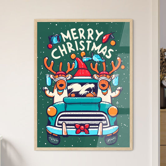 Merry Christmas - A Cartoon Of Reindeers Driving A Car Art Print Default Title