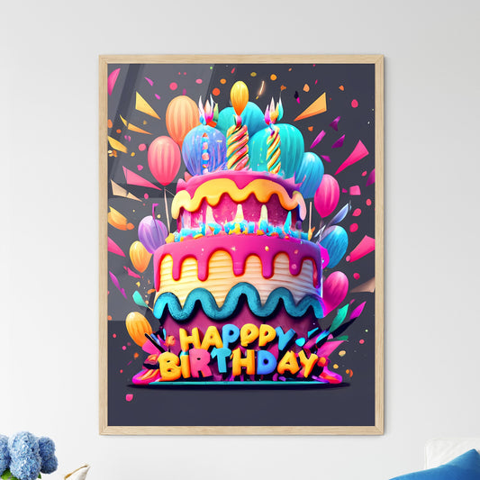 Happy Birthday - A Colorful Birthday Cake With Balloons And Confetti Art Print Default Title