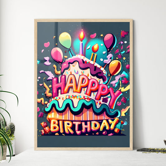 Happy Birthday - A Birthday Cake With Balloons And Confetti Art Print Default Title