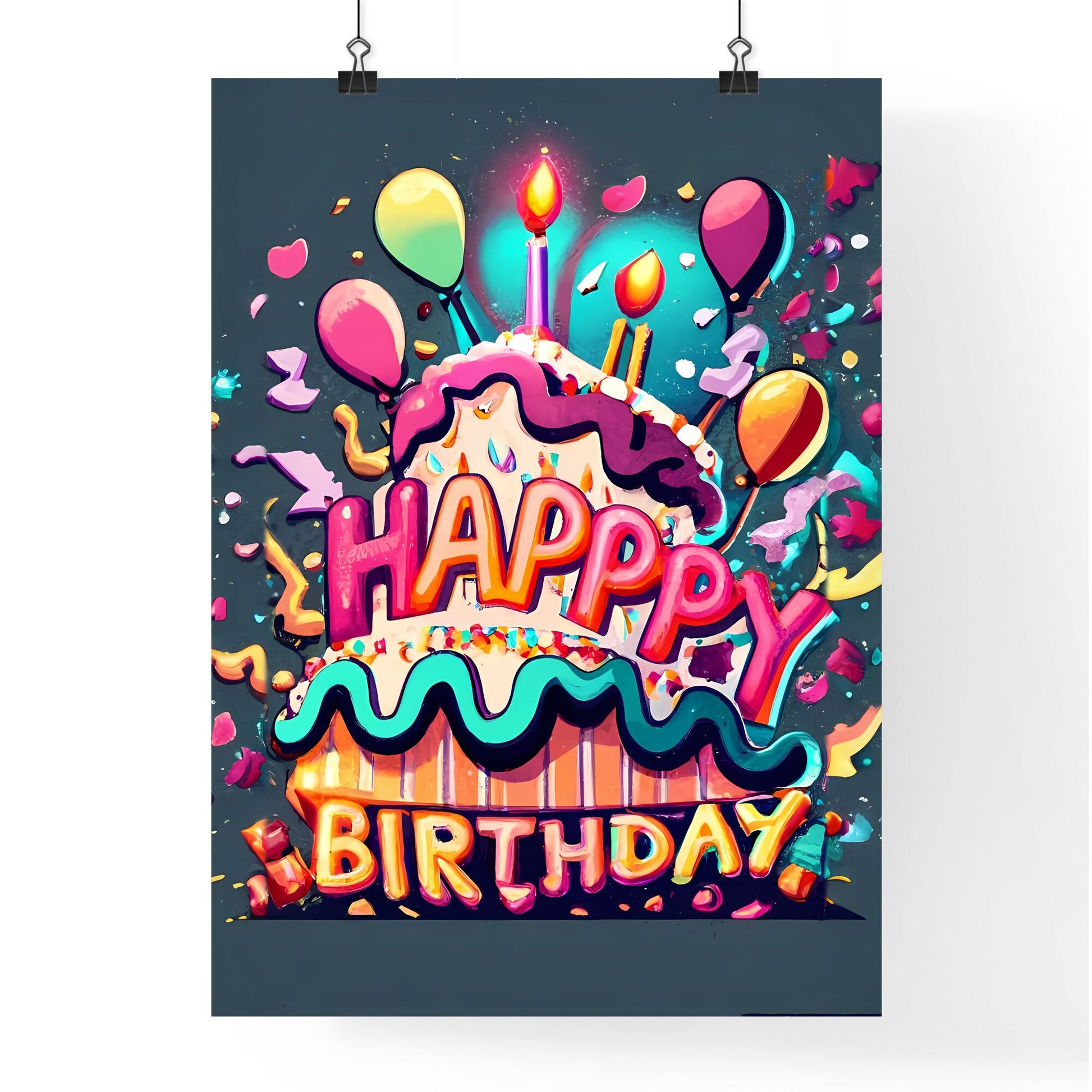 Happy Birthday - A Birthday Cake With Balloons And Confetti Art Print Default Title