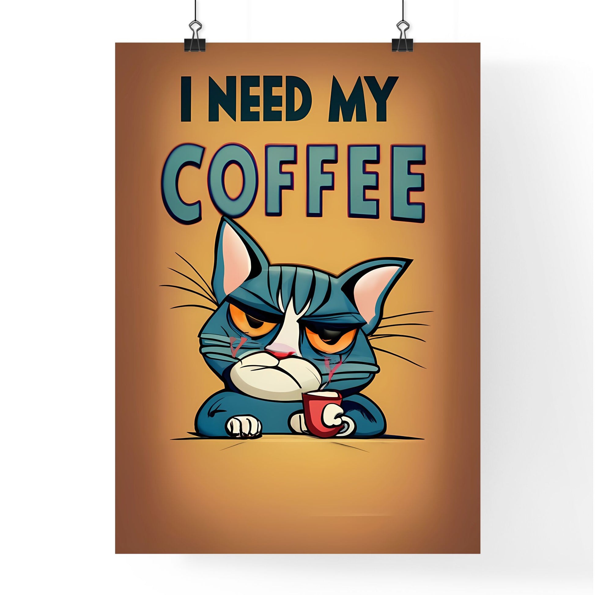 I Need My Coffee - A Cartoon Of A Cat Holding A Cup Of Coffee Art Print Default Title