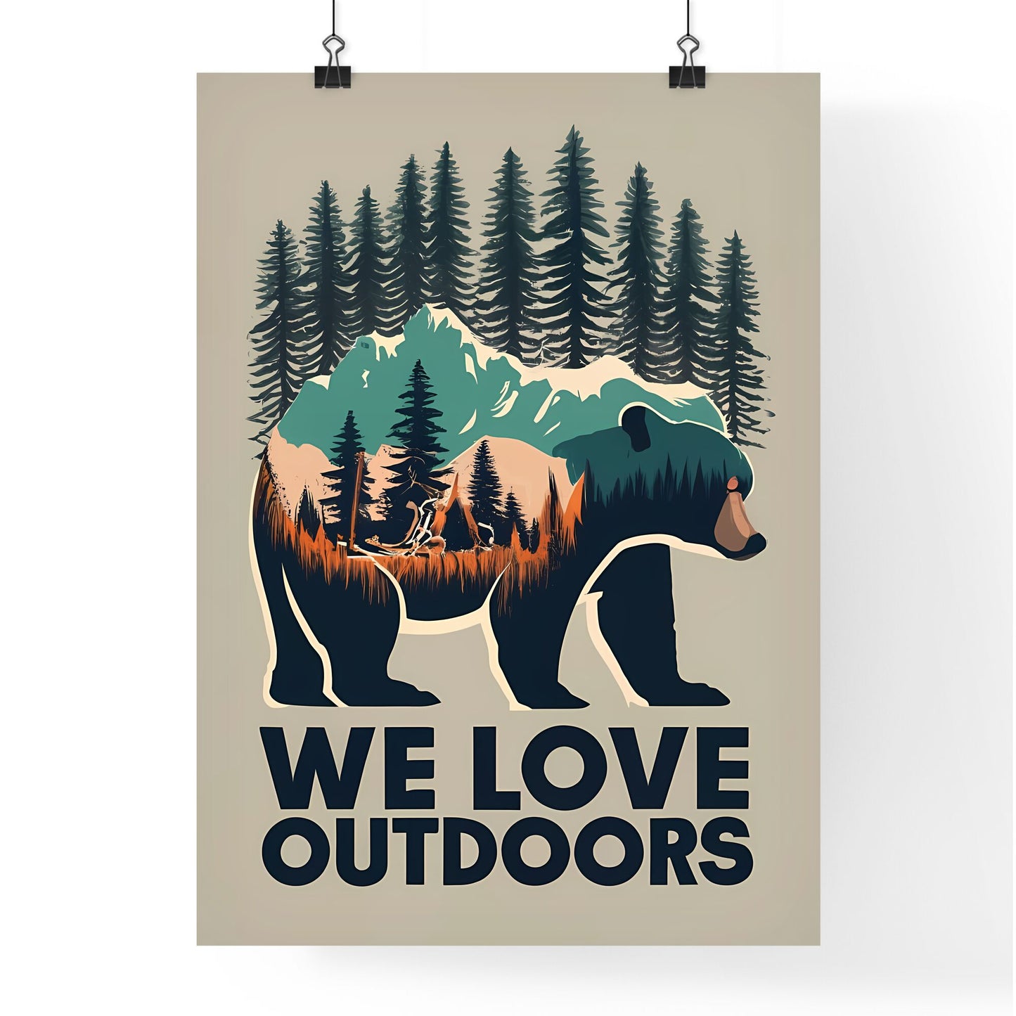 We Love Outdoors - A Bear With Trees And Mountains Art Print Default Title