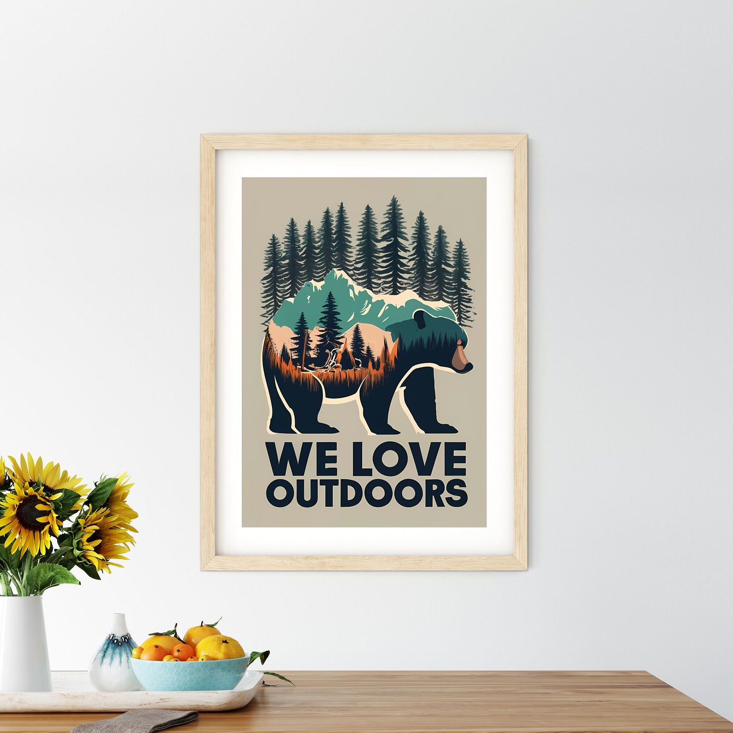 We Love Outdoors - A Bear With Trees And Mountains Art Print Default Title