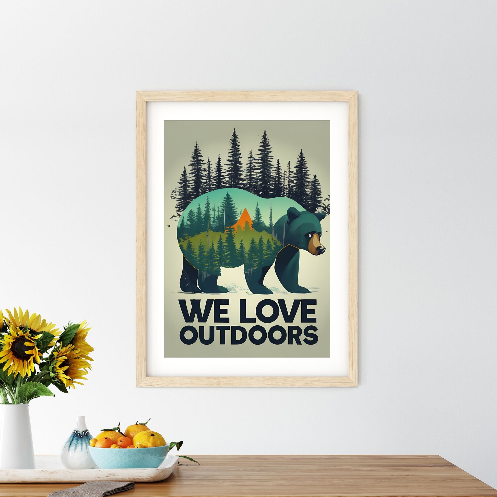 We Love Outdoors - A Bear With Trees And A Mountain Art Print Default Title