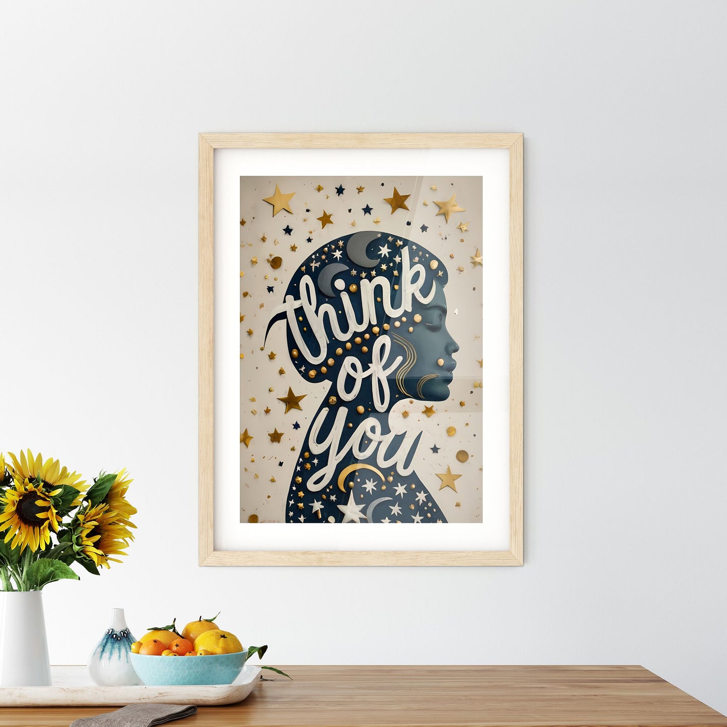 Think Of You - A Blue And Gold Painted Womans Head With Stars And Text Default Title
