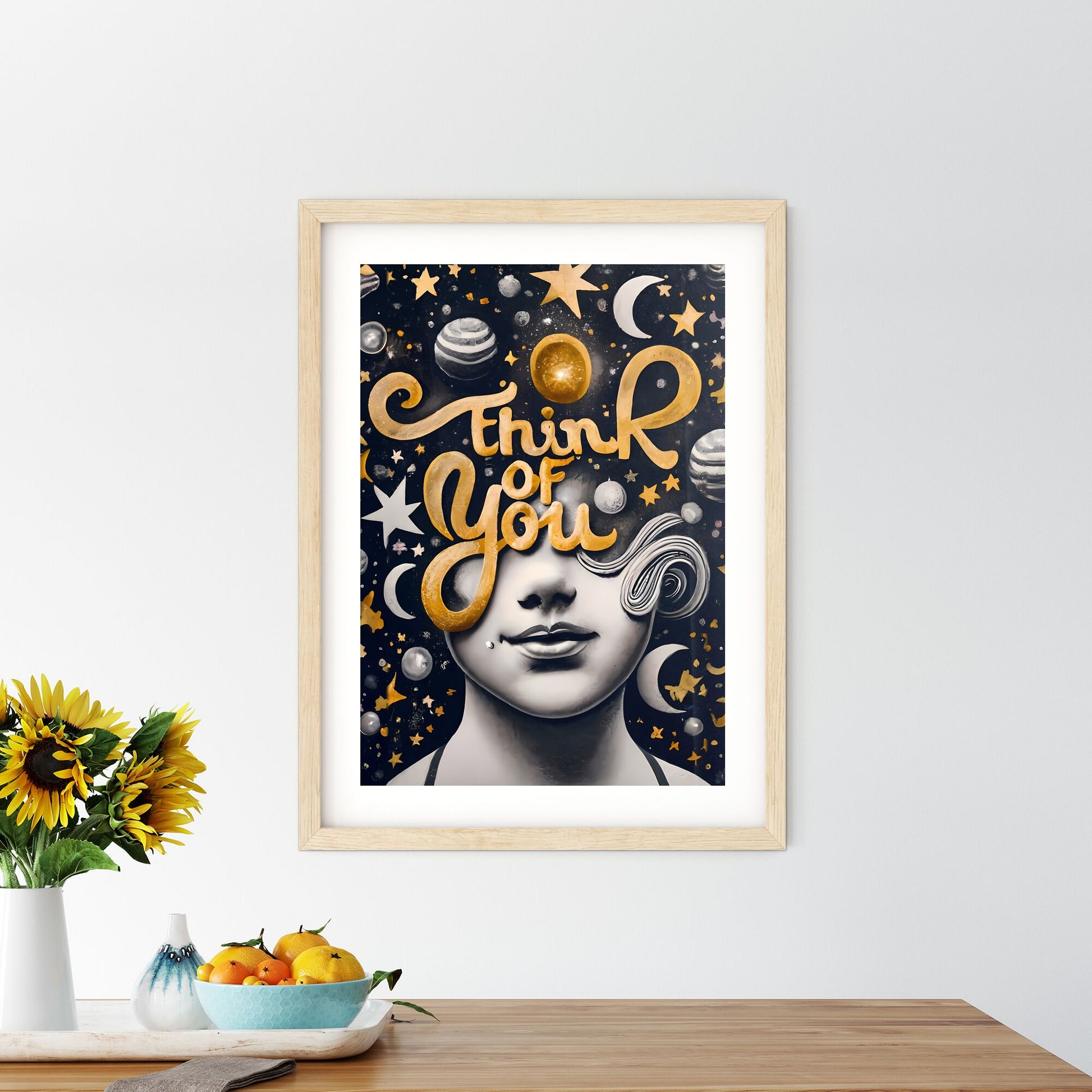 Think Of You - A Poster With A Womans Face And Stars And Planets Default Title