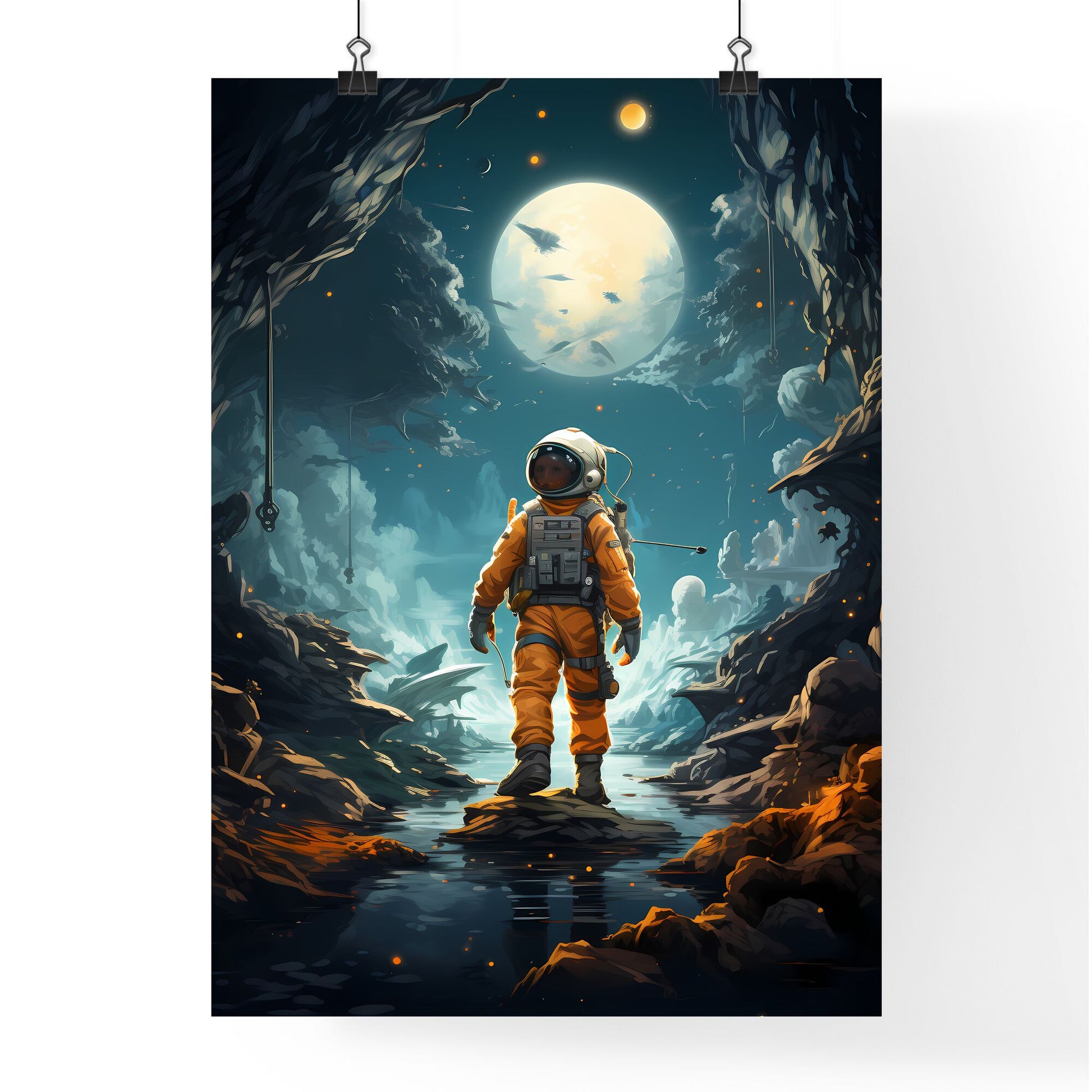 A Astronaut In An Orange Suit Standing In A Stream With A Full Moon Default Title