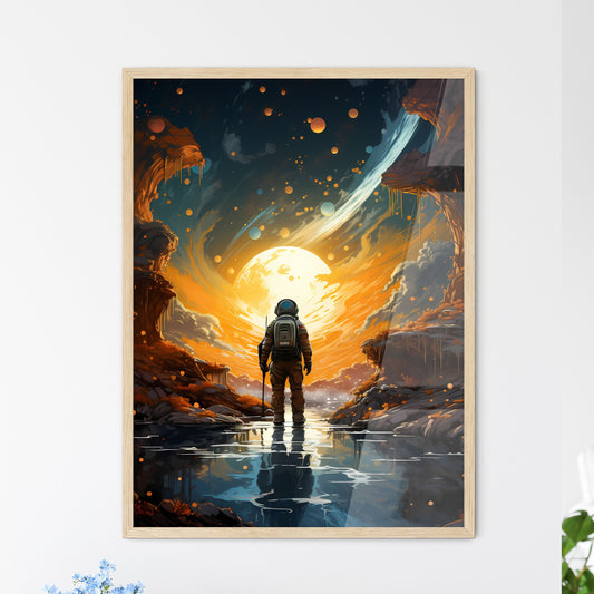 A Man In Space Suit Standing In Water With A Large Moon In The Background Default Title