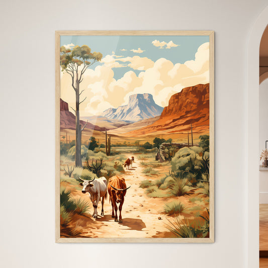 Mexico - A Painting Of Cows Walking On A Dirt Road With Mountains In The Background Default Title