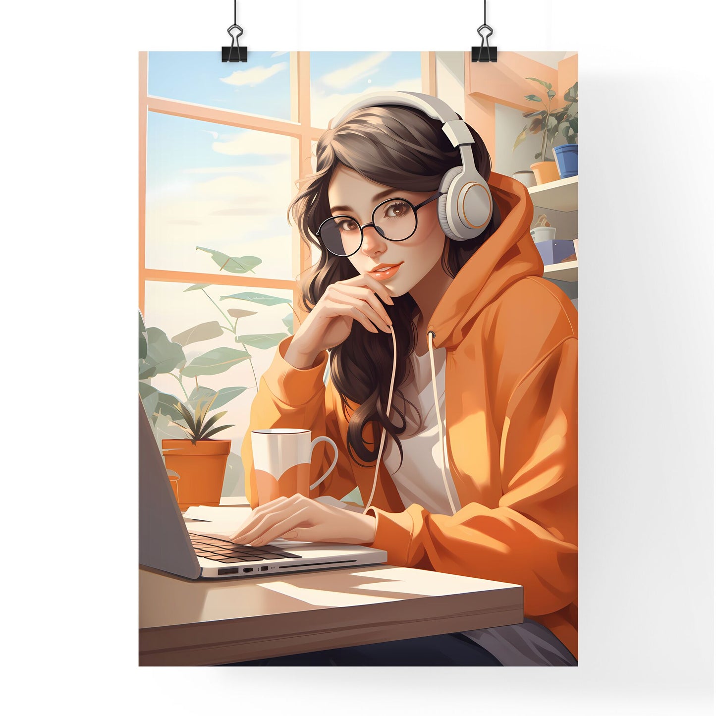 Work And Travel - A Woman Wearing Headphones And A Hoodie Sitting At A Desk With A Laptop Default Title