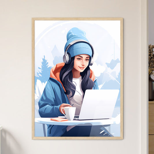 Work And Travel - A Woman Wearing Headphones And A Blue Hat Sitting At A Table With A Laptop Default Title