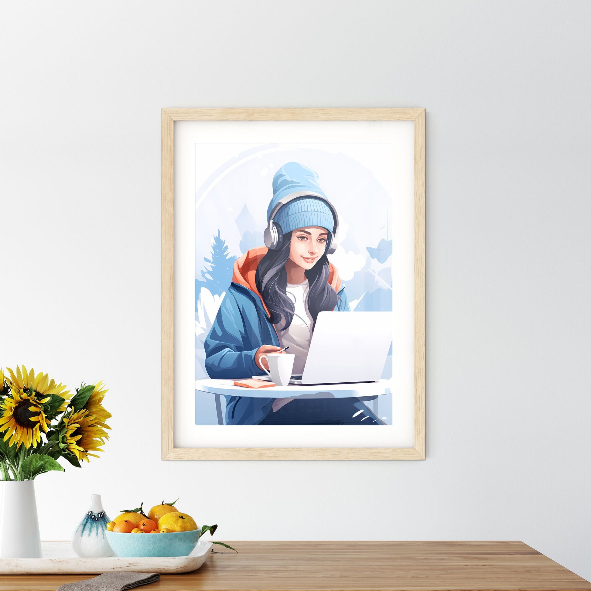 Work And Travel - A Woman Wearing Headphones And A Blue Hat Sitting At A Table With A Laptop Default Title