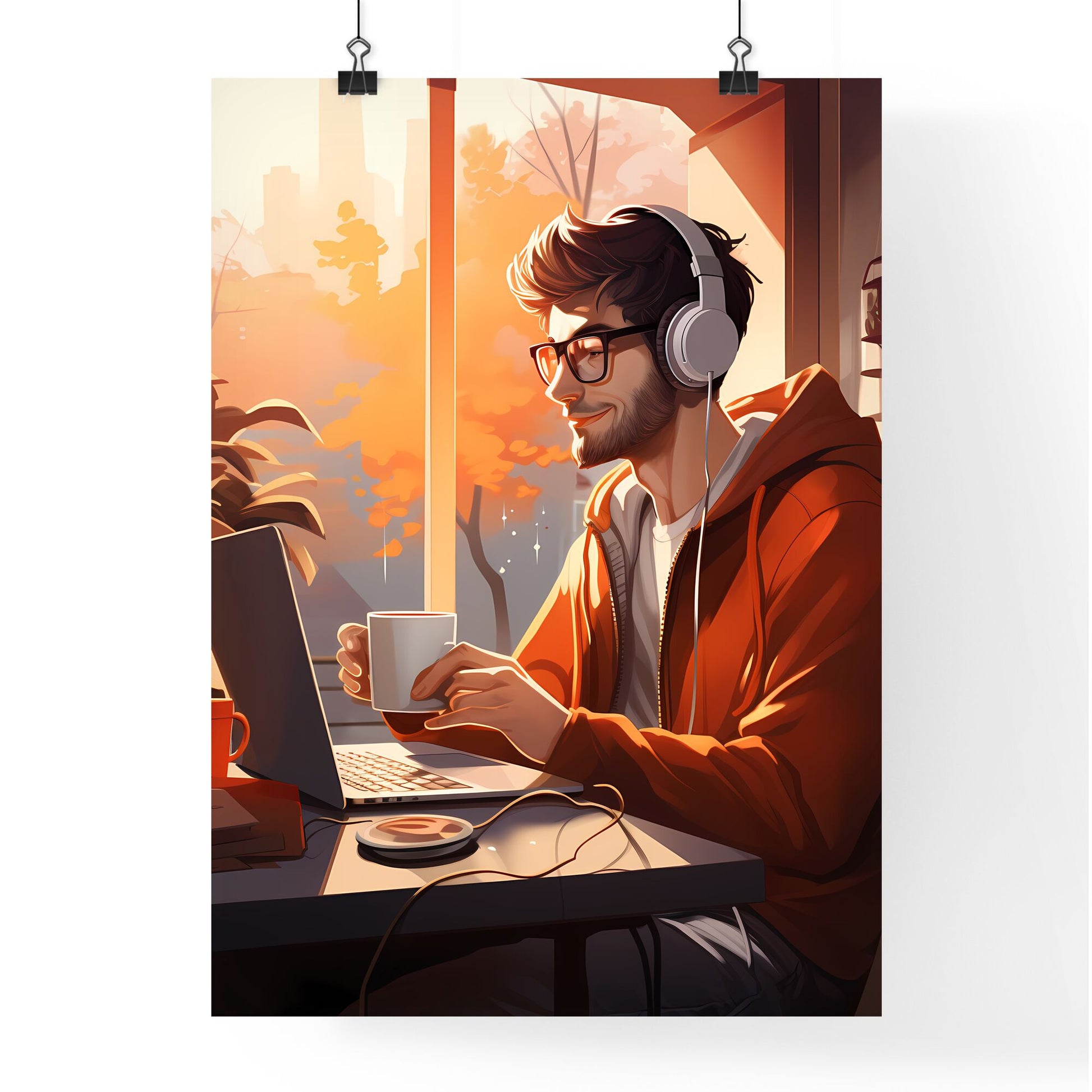 Work And Travel - A Man Wearing Headphones And Holding A Cup Of Coffee Default Title