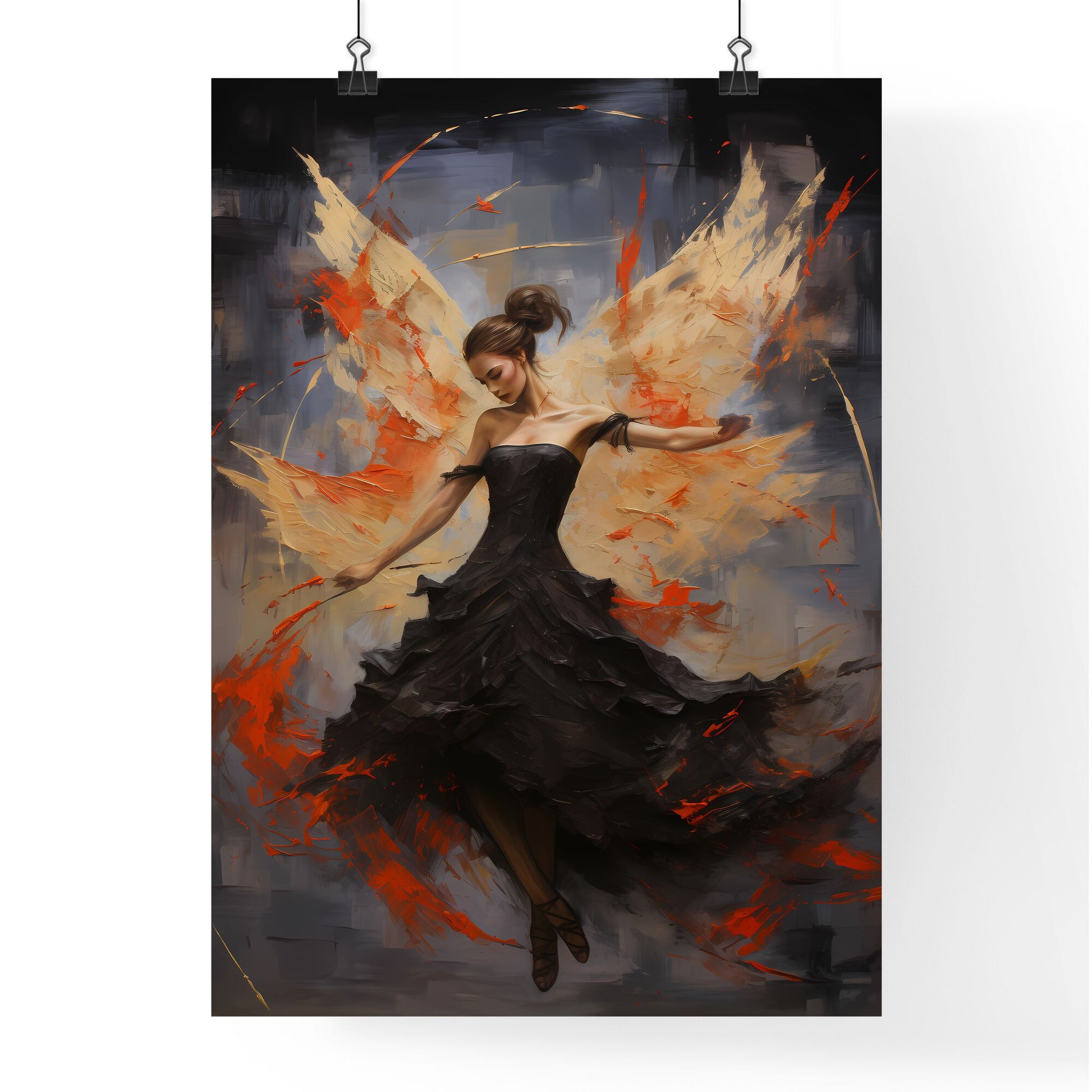 A Woman In A Black Dress With Orange Wings Default Title