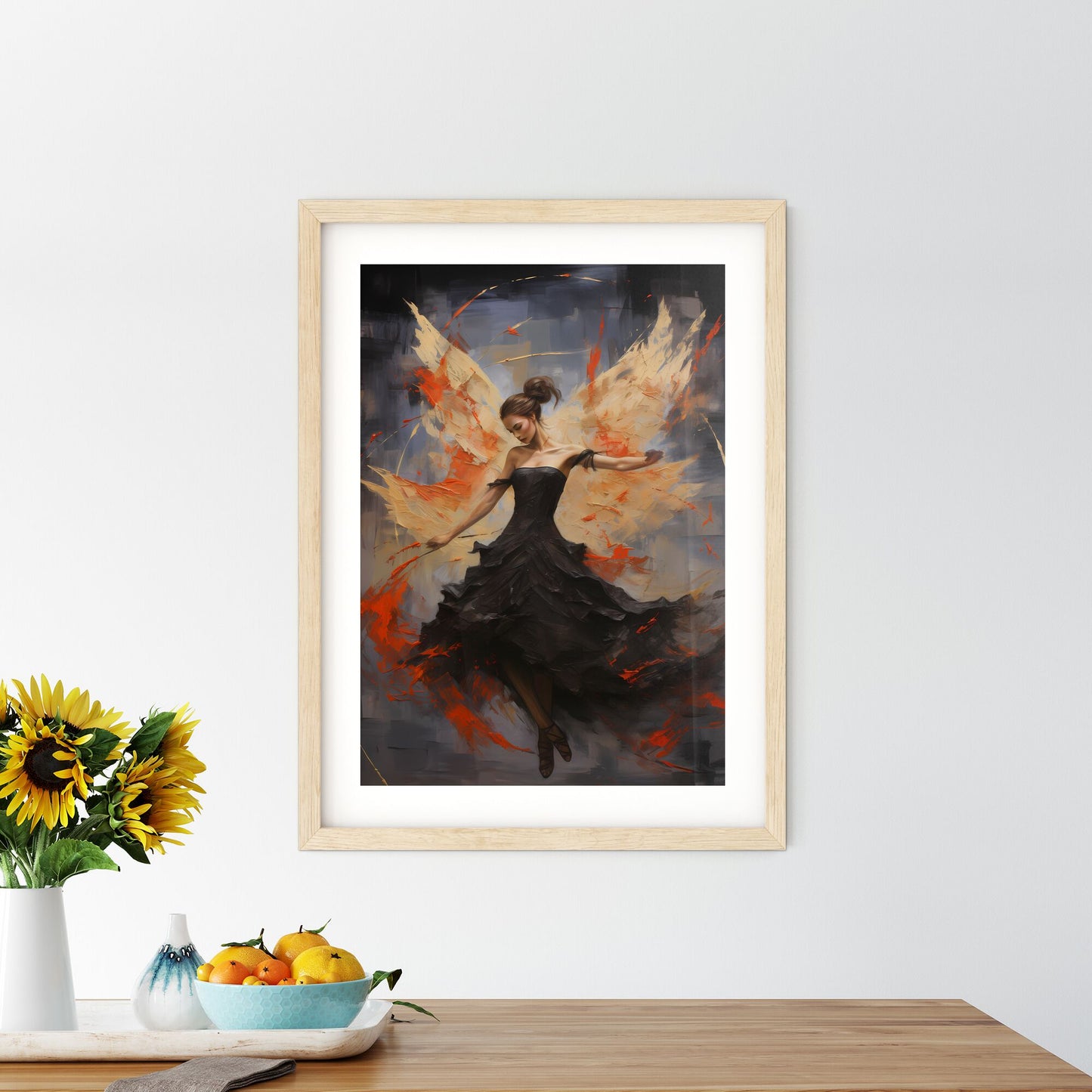 A Woman In A Black Dress With Orange Wings Default Title