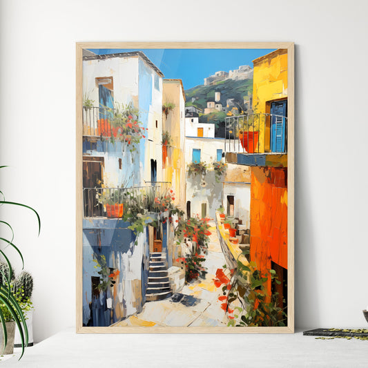 A Painting Of A Courtyard With Colorful Buildings Default Title