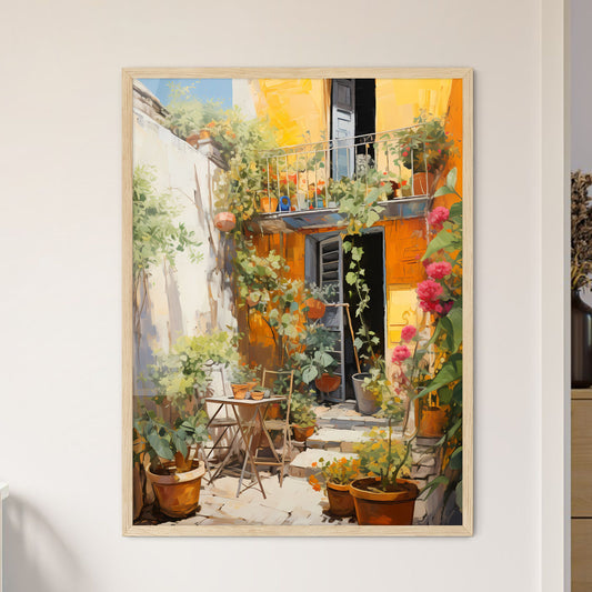 A Painting Of A House With Plants And A Balcony Default Title