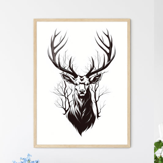 Black Silhouette Stag On White Background - A Black And White Drawing Of A Deer Head With Antlers Default Title
