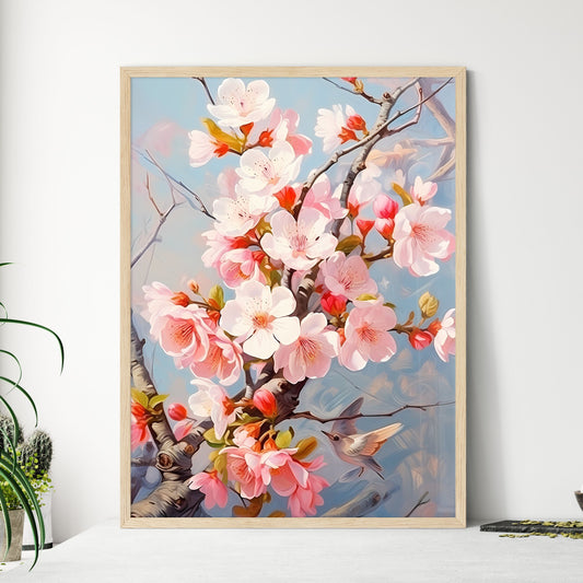 Blossoming Bush On Rural Surburb - A Painting Of A Bird On A Tree Branch With Pink Flowers Default Title