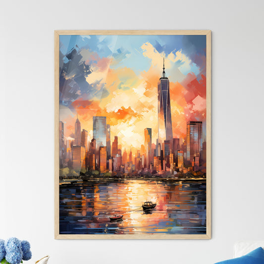 Panorama Of Manhattan New York Usa - A Painting Of A City With A Boat In The Water Default Title