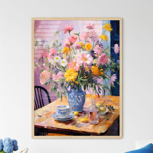 Pink Table With Flowers - A Painting Of A Vase Of Flowers On A Table Default Title