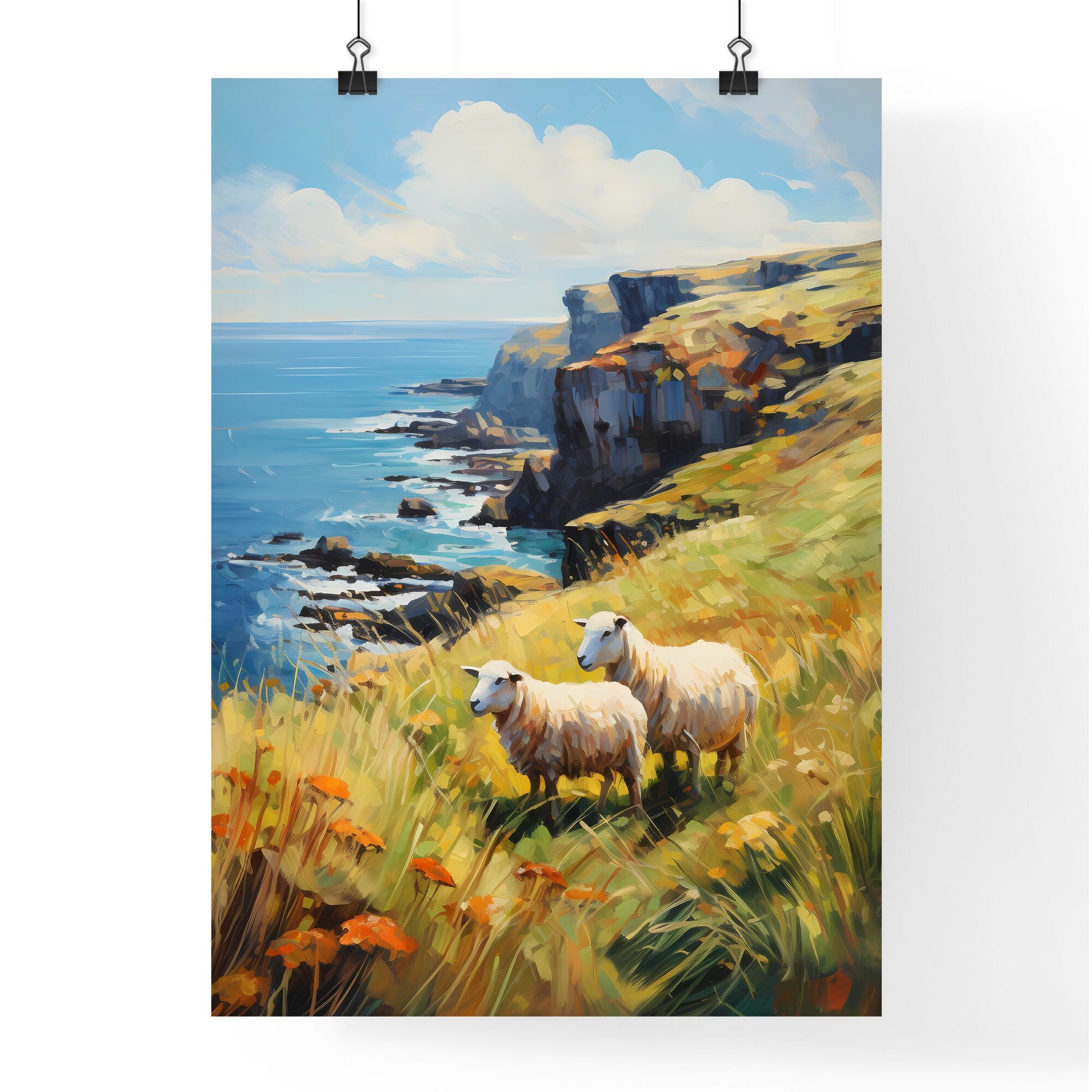 Sheep On Northern Ireland Coast - A Couple Of Sheep On A Cliff Overlooking A Body Of Water Default Title