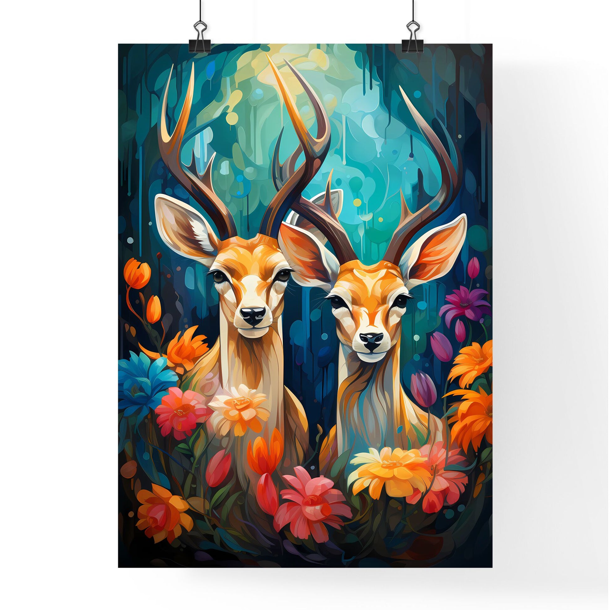 Two Female Lesser Kudu Antelopes - Two Deer With Antlers Surrounded By Flowers Default Title