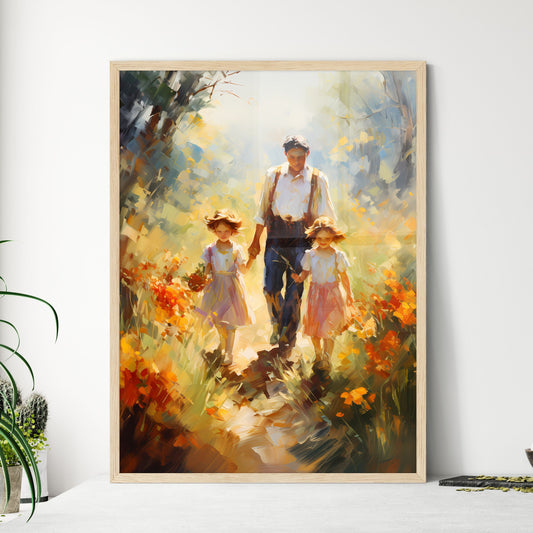 Happy Multi-Generation Family Walking In The Countrys - A Man And Two Girls Walking In A Flower Field Default Title