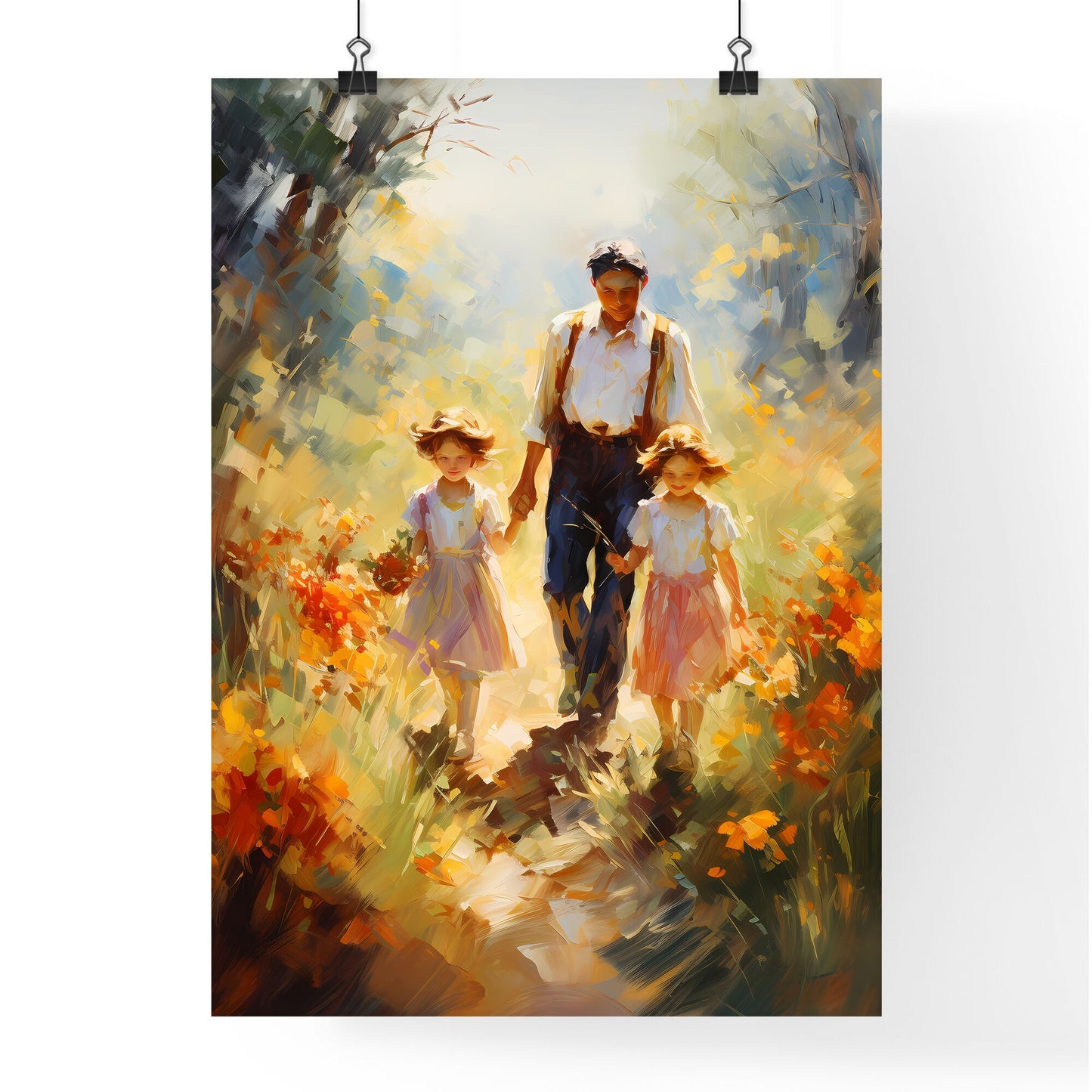 Happy Multi-Generation Family Walking In The Countrys - A Man And Two Girls Walking In A Flower Field Default Title