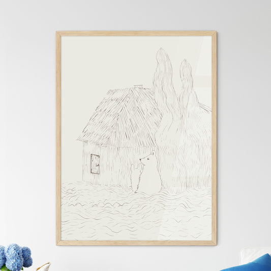 Two Little Humas In Front Of A Little House - A Drawing Of A House And A Bear Default Title