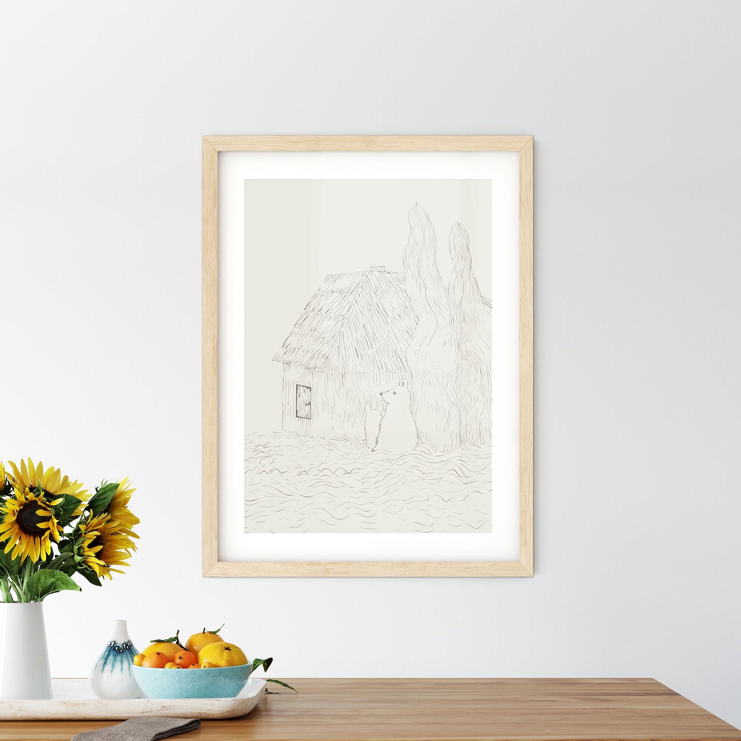 Two Little Humas In Front Of A Little House - A Drawing Of A House And A Bear Default Title
