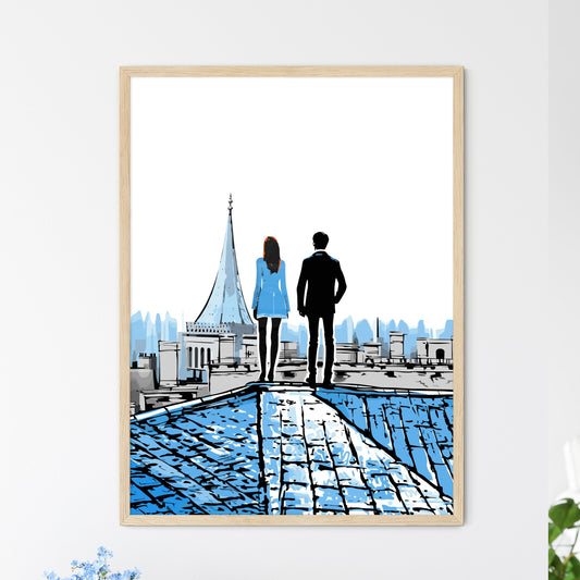 Fashion Art Of A Couple On The Roofs Of Paris - A Man And Woman Standing On A Roof Default Title