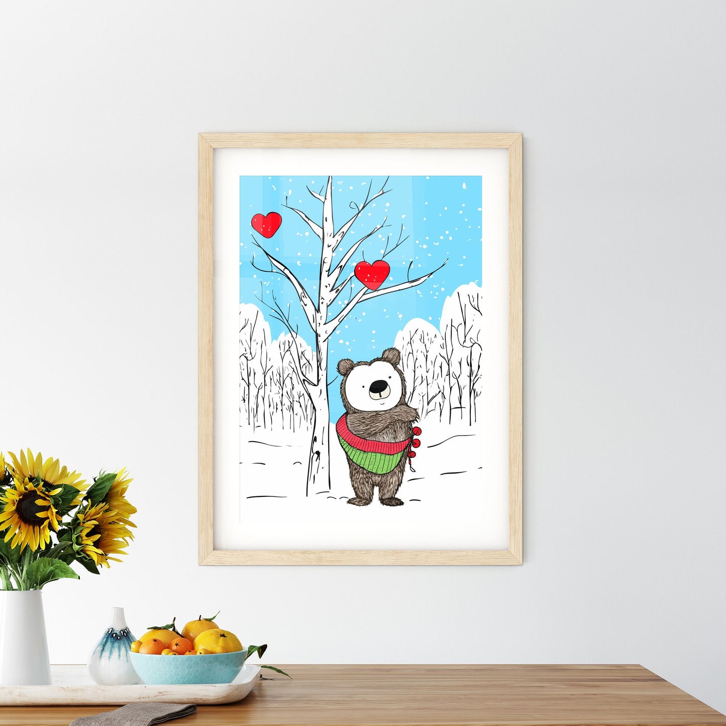 Merry Christmas Card With A Cute Bear Huging A Heart - A Cartoon Of A Bear Standing In A Snowy Forest Default Title