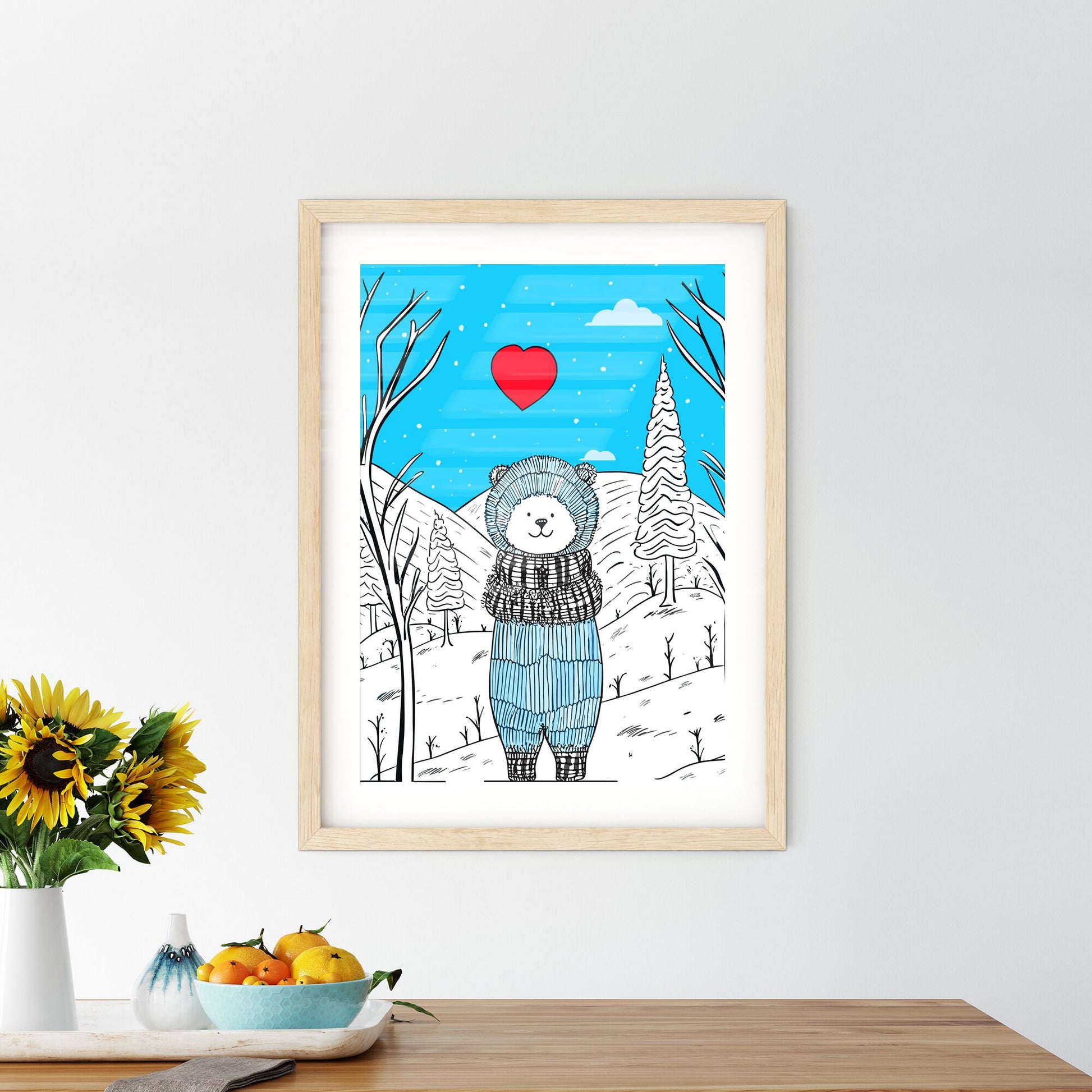Merry Christmas Card With A Cute Bear Huging A Heart - A Cartoon Of A Bear In A Blue Outfit Default Title