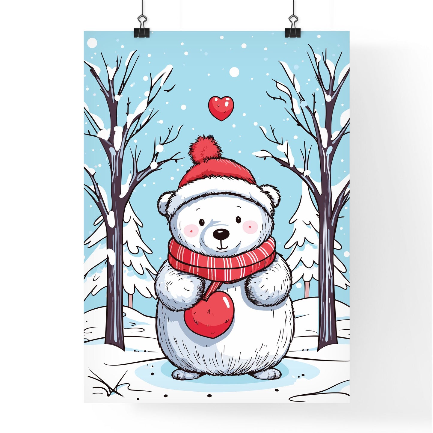 Merry Christmas Card With A Cute Bear Huging A Heart - A Cartoon Of A Polar Bear Holding A Heart Default Title