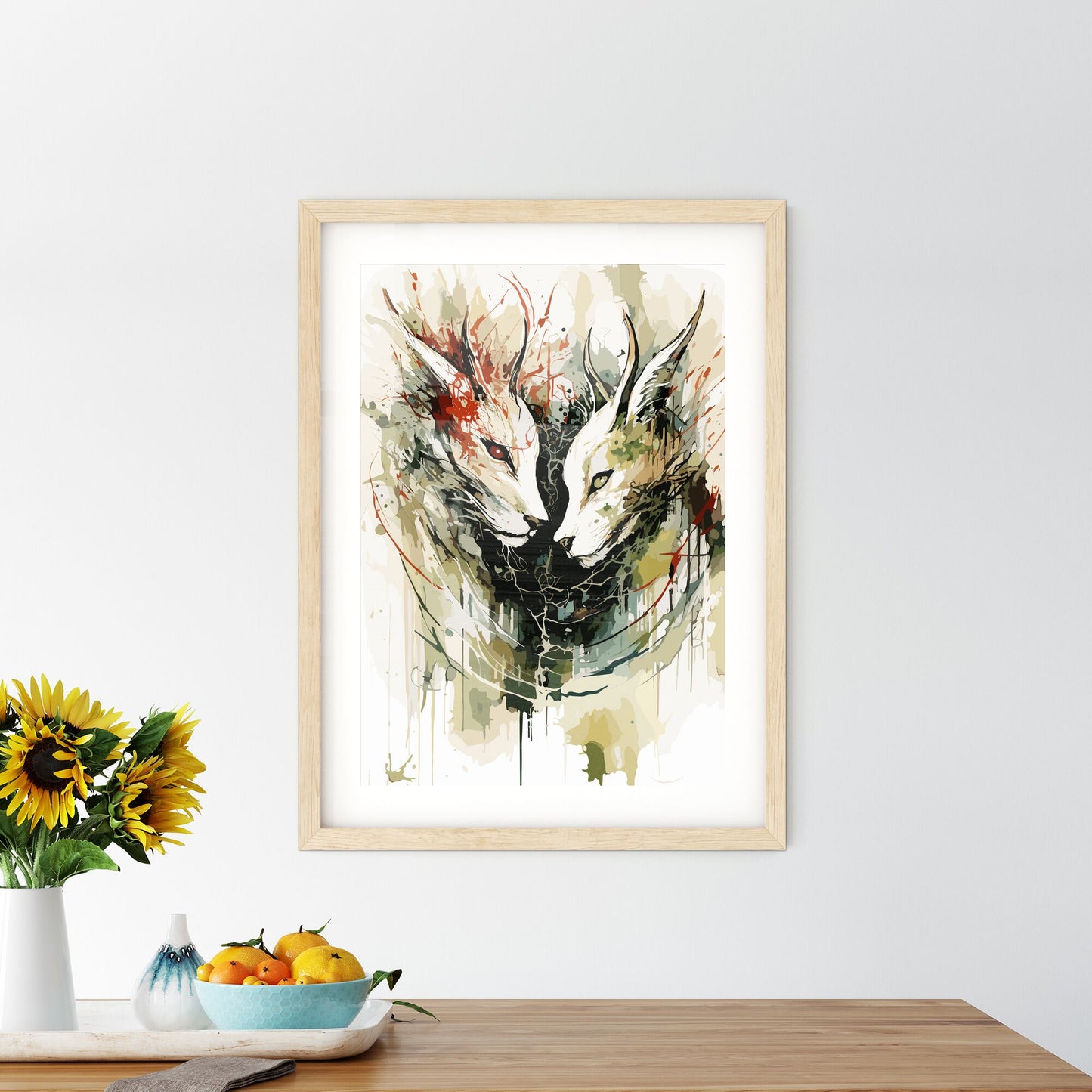 The Fox And The Rabbit Poster - A Painting Of Two White Foxes With Red Eyes Default Title