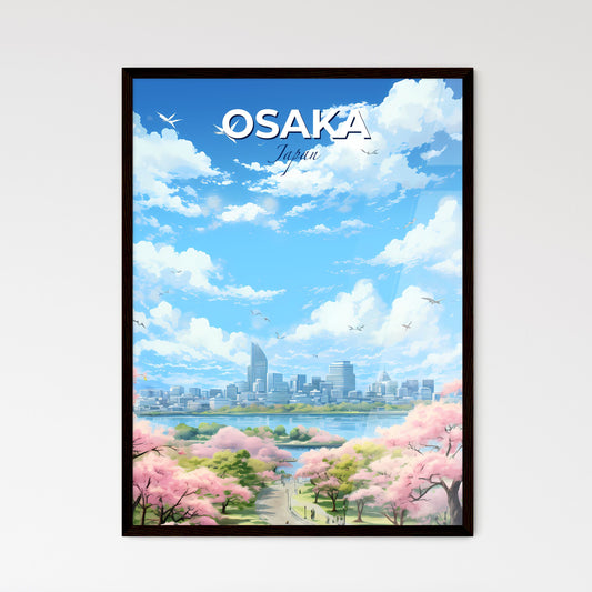 Osaka Japan Skyline - A City With Pink Flowers And Birds Flying Over Water - Customizable Travel Gift Default Title