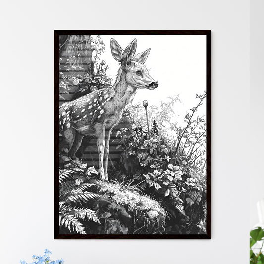 A Poster of deer in the woods - A Black And White Drawing Of A Deer Standing In A Forest Default Title