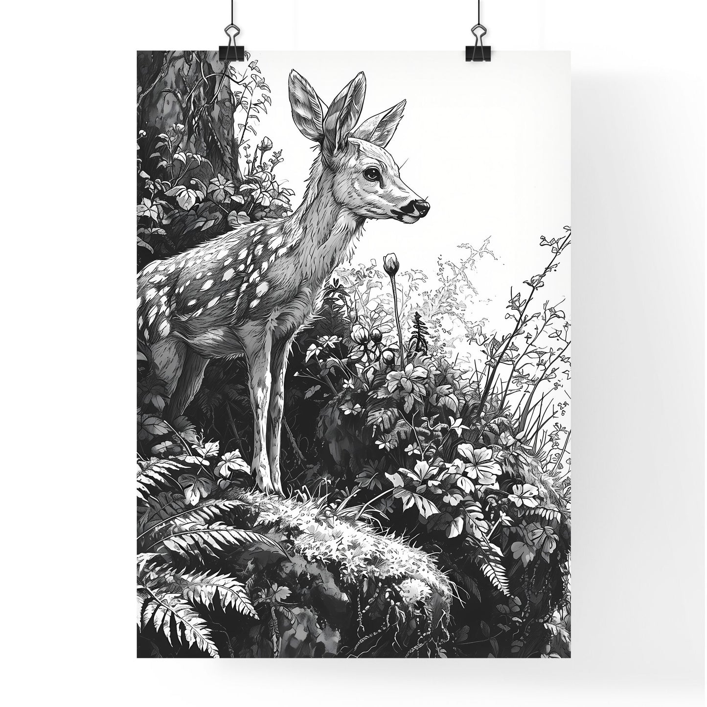 A Poster of deer in the woods - A Black And White Drawing Of A Deer Standing In A Forest Default Title