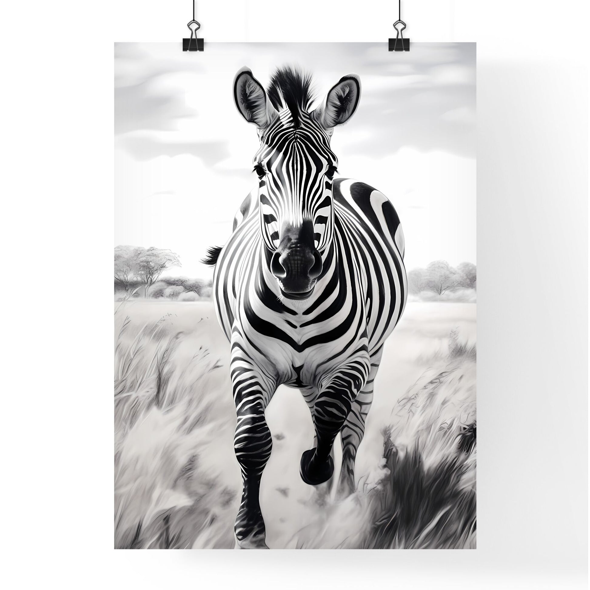 A Poster of A black and white zebra is running - A Zebra Running Through Tall Grass Default Title