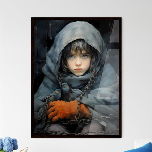 A Poster of a painting of a girl holding a blue bird - A Child With A Hood And A Chain Around Her Neck Default Title