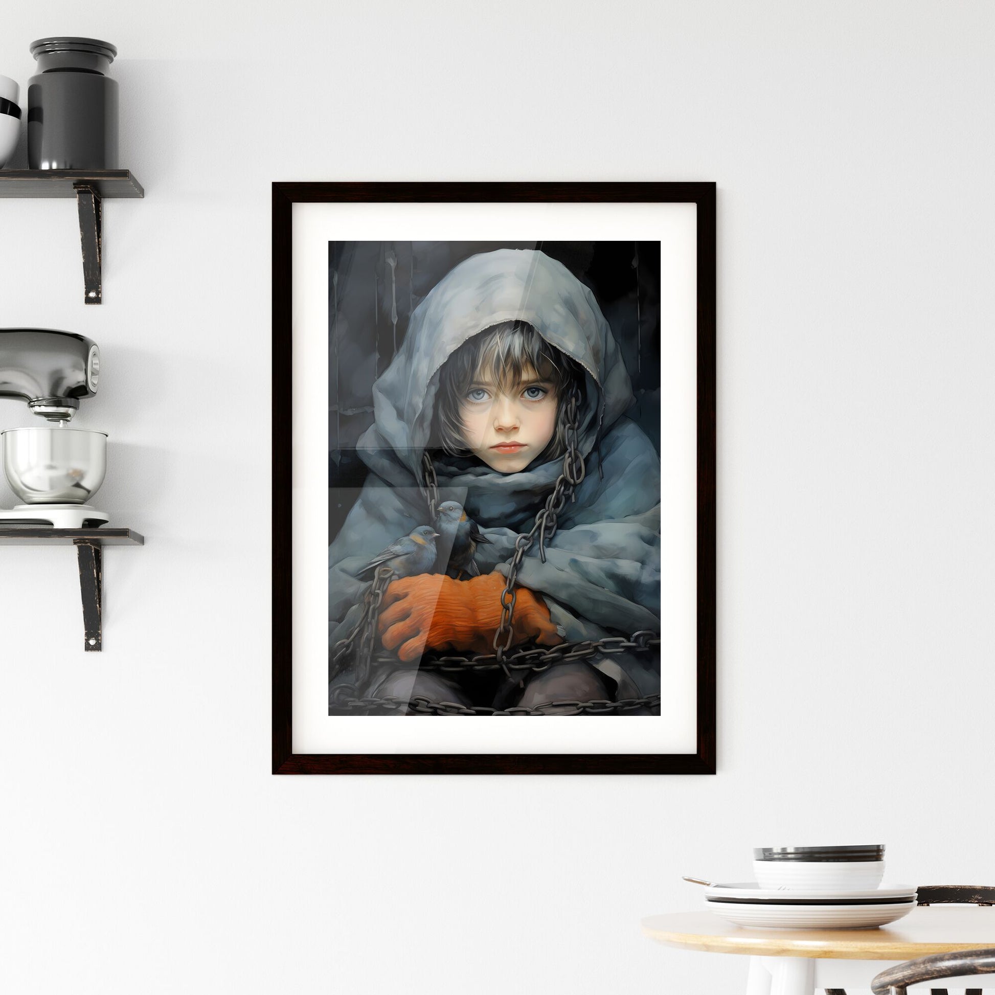 A Poster of a painting of a girl holding a blue bird - A Child With A Hood And A Chain Around Her Neck Default Title