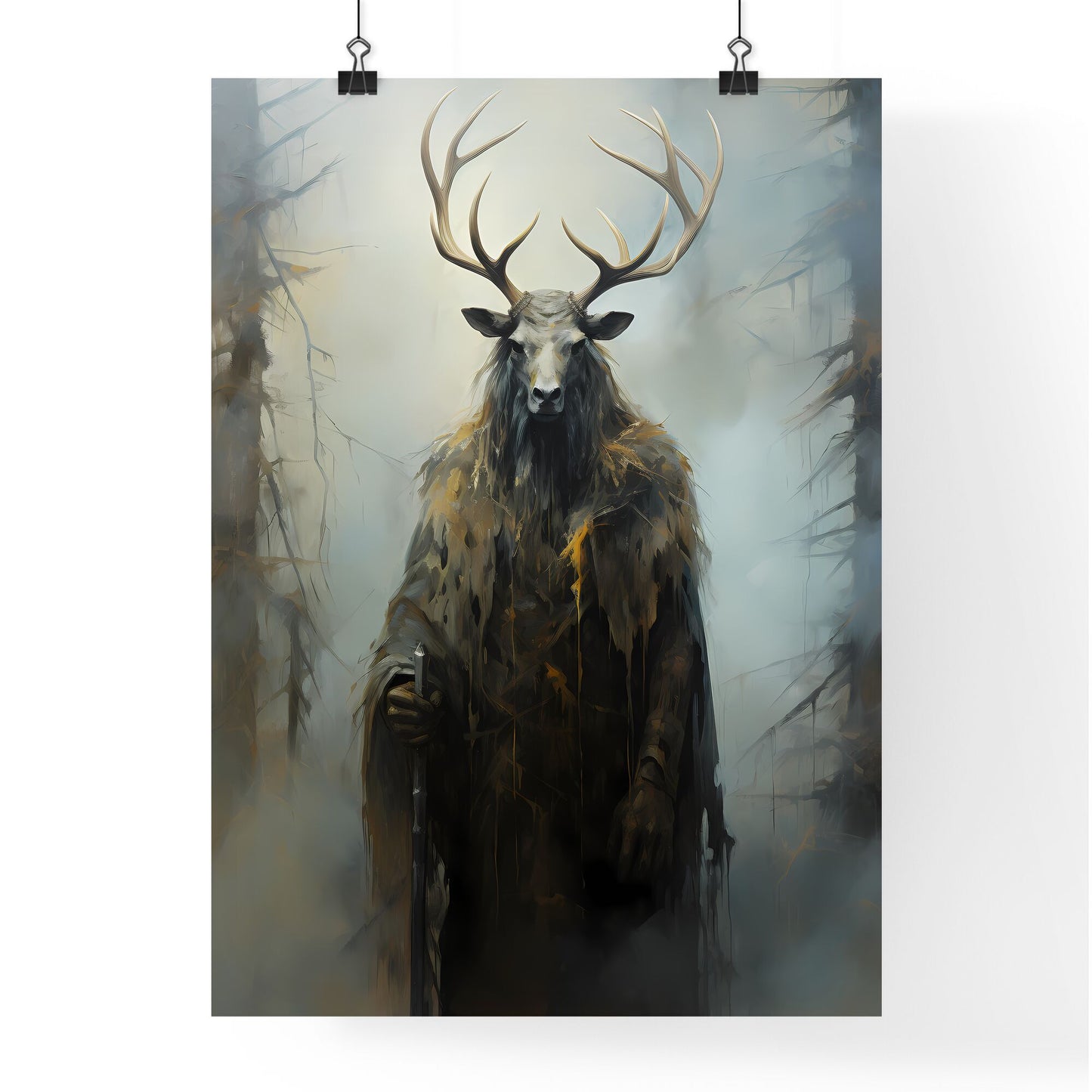 A Poster of an oil painting of a black elk in the fog - A Painting Of A Deer With Antlers Default Title