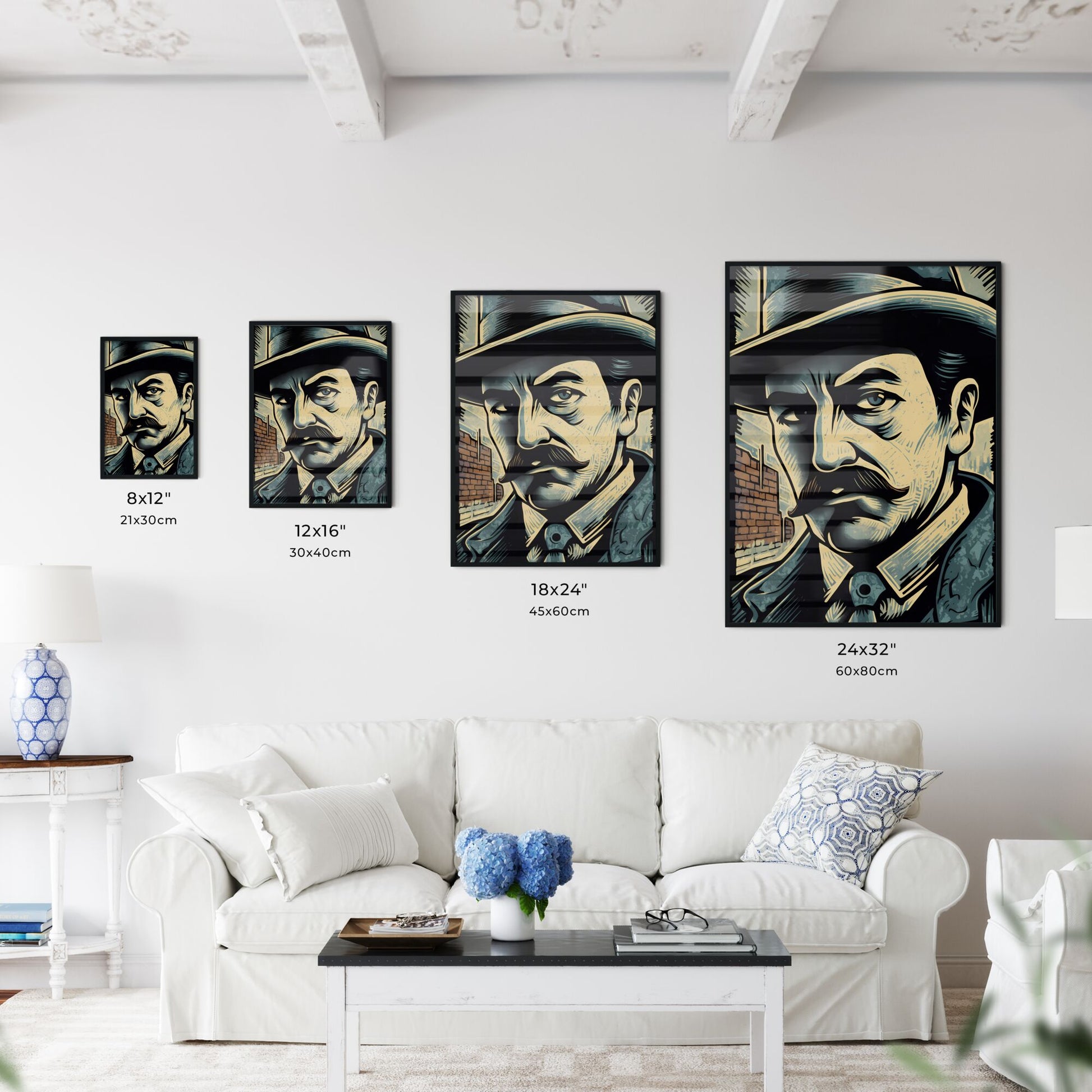 A Poster of early 20th-centry poster-style linocut - A Man With A Mustache Wearing A Hat Default Title