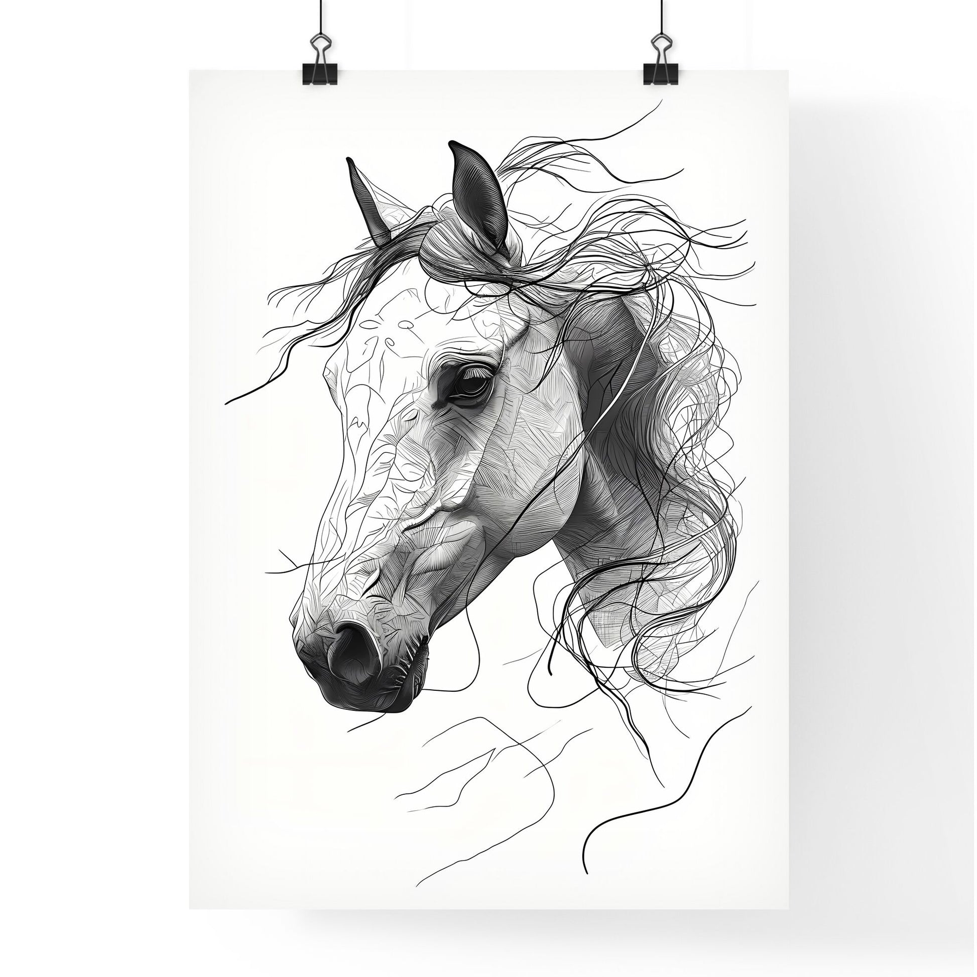 A Poster of a line art drawing of a horses face - A Horse With Long Hair Default Title