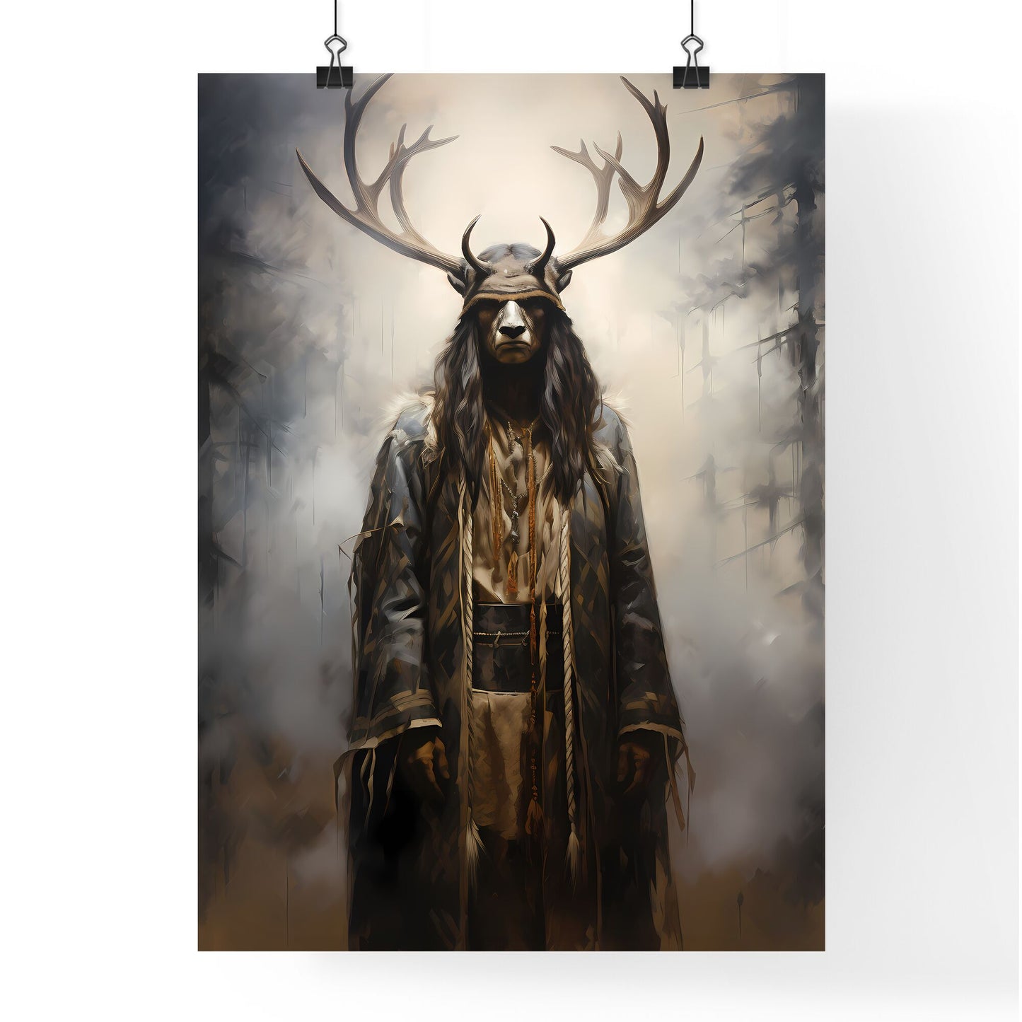 A Poster of an oil painting of a black elk in the fog - A Person In A Garment With Antlers Default Title